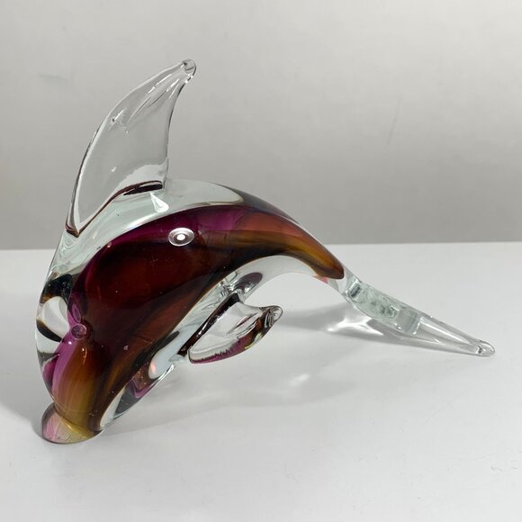 Handcrafted Glass Dolphin Figurine Multicolor Purples & Amber Swirl Design - Picture 2 of 12